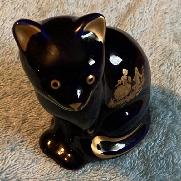 VTG Limoges Castel France Cobalt Blue Porcelain Cat/Kitten Figurine 22K Gold-NOS - Picture 7 of 10